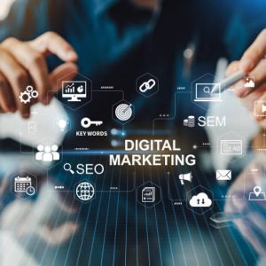 Digital marketing business technology concept. Website advertisement email social media network, SEO, SEM video and mobile application icons in virtual screen.